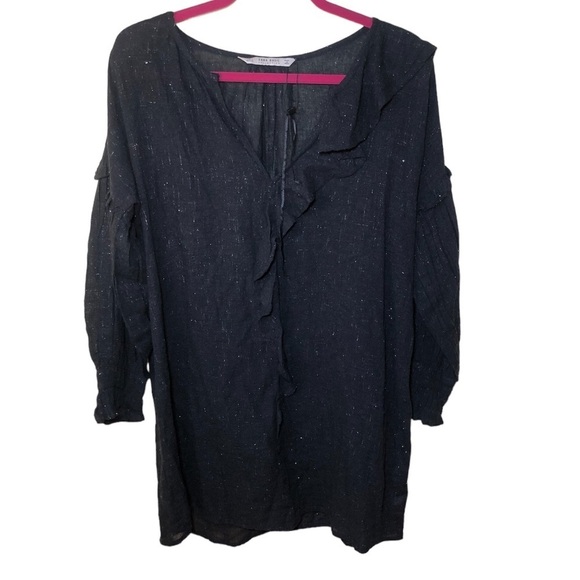 ZARA long sleeve ruffle shift dress black silver metallic size S - Picture 1 of 7
